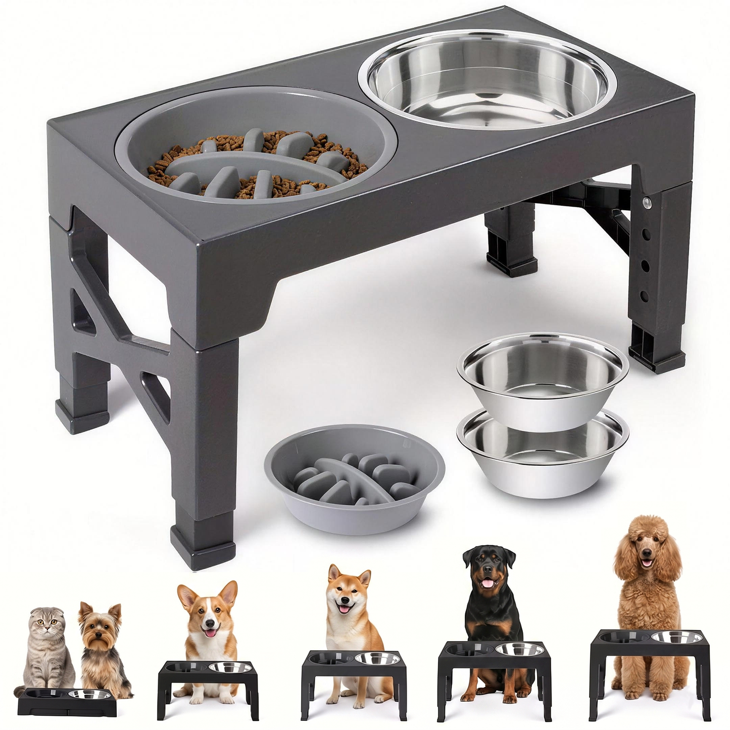 Elevated Dog Bowl Stand with Slow Feeder – 5 Adjustable Heights (3.2"–12.2"), 2 Stainless Steel Bowls + 1 Slow Feeder | Anti-Bloat Raised Feeder for Small Medium Large Dogs | Black