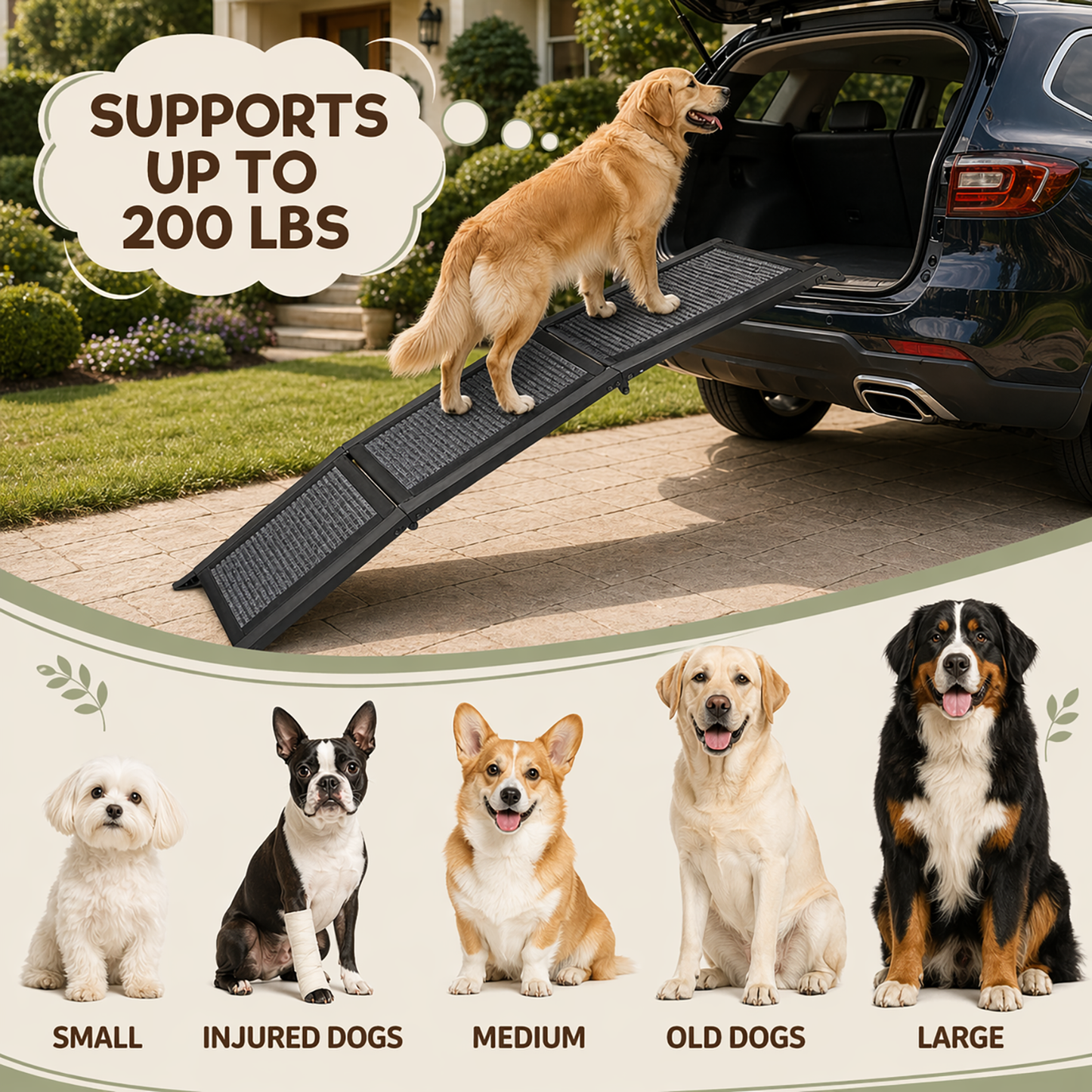 Collapsible Dog Ramp for Vehicles – Non-Slip Carpeted Surface, Portable Extended Pet Ramp for Cars, SUVs & Trucks | Supports up to 200 lbs | Ideal for Big Dogs & Senior Joint Relief