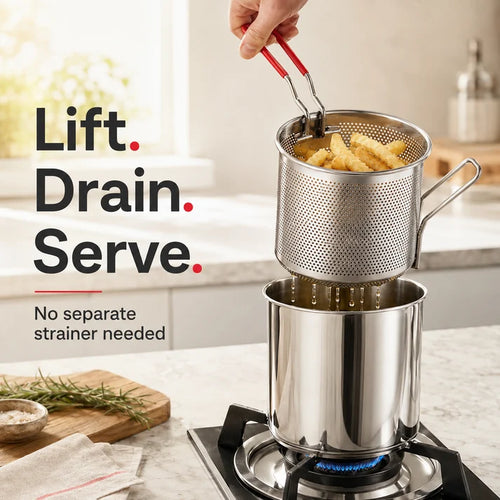 2026🔥🍟 Personal Mini Deep Fryer Set – Stainless Steel Pot with Lift-Out Draining Basket & Food Tongs