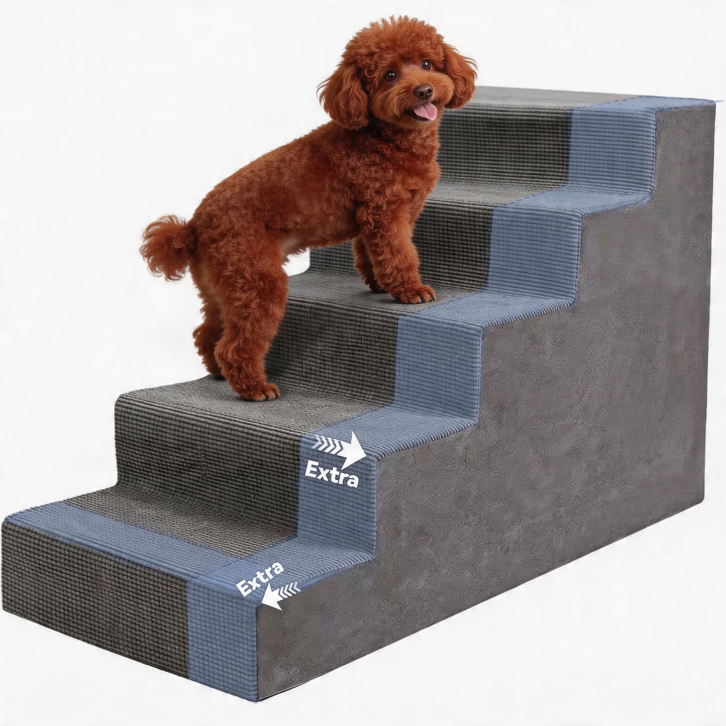 5-Step High-Density Foam Dog Stairs – Pet Steps with Supporting Board, Non-Slip Removable Washable Cover | For High Beds, Couches & Sofas | Gray
