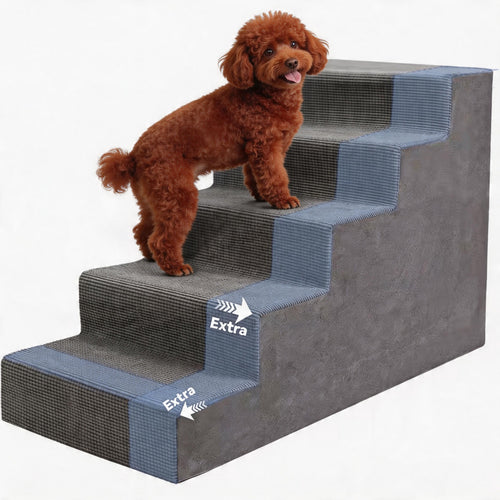 5-Step High-Density Foam Dog Stairs – Pet Steps with Supporting Board, Non-Slip Removable Washable Cover | For High Beds, Couches & Sofas | Gray