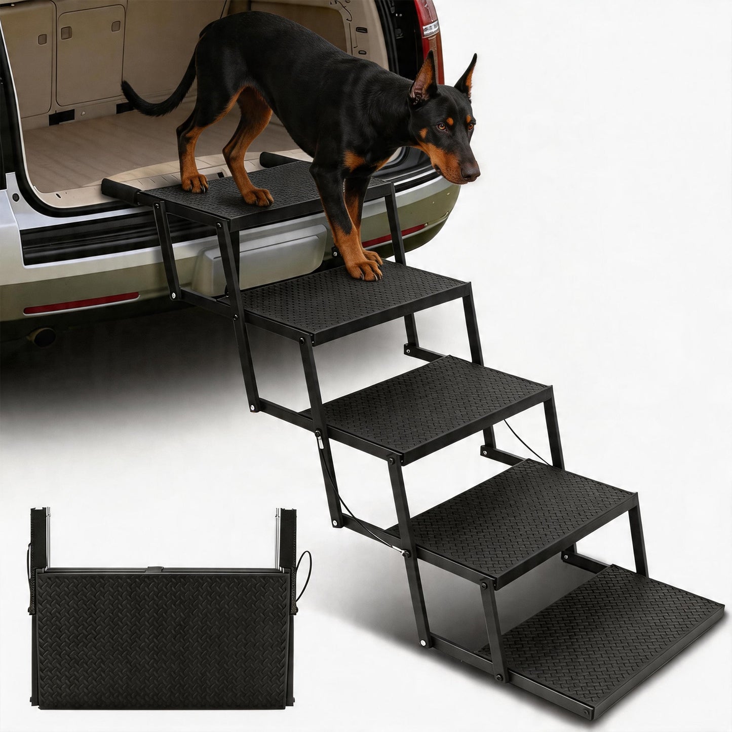 Foldable Dog Stairs for Car, Truck & Bed – 25.6" High 5-Step Lightweight Pet Ramp | Supports 350 lbs | Non-Slip Slip-Resistant Surface | Portable Travel Stairs