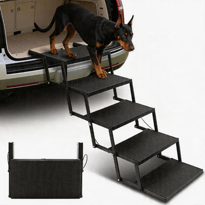 Foldable Dog Stairs for Car, Truck & Bed – 25.6" High 5-Step Lightweight Pet Ramp | Supports 350 lbs | Non-Slip Slip-Resistant Surface | Portable Travel Stairs