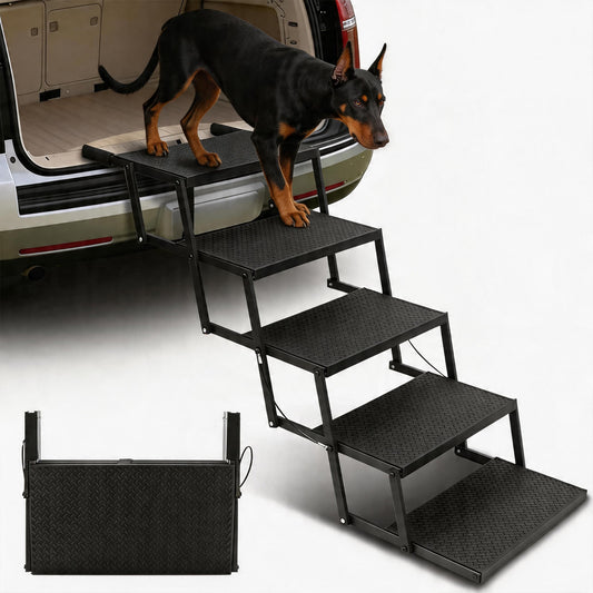 Foldable Dog Stairs for Car, Truck & Bed – 25.6" High 5-Step Lightweight Pet Ramp | Supports 350 lbs | Non-Slip Slip-Resistant Surface | Portable Travel Stairs