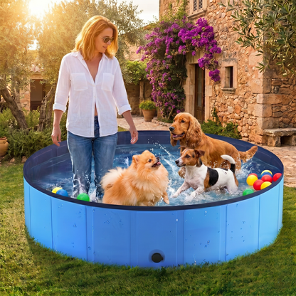 Foldable Dog Pool 48" × 12" – Hard PVC Pet Swimming Pool with Built-In Drainage | Lightweight Summer Cooldown Bath for Small & Medium Dogs | Deep Blue