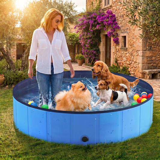 Foldable Dog Pool 48" × 12" – Hard PVC Pet Swimming Pool with Built-In Drainage | Lightweight Summer Cooldown Bath for Small & Medium Dogs | Deep Blue