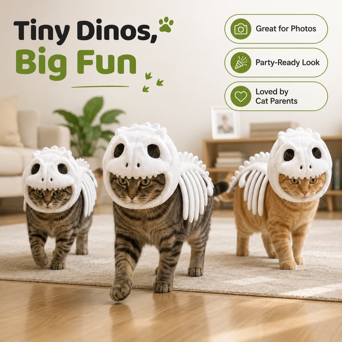 🔥 HOT SALE 🔥🦖 Glow-in-the-Dark Dinosaur Skeleton Cat Costume — Let Your Kitty Roar at Night! ✨