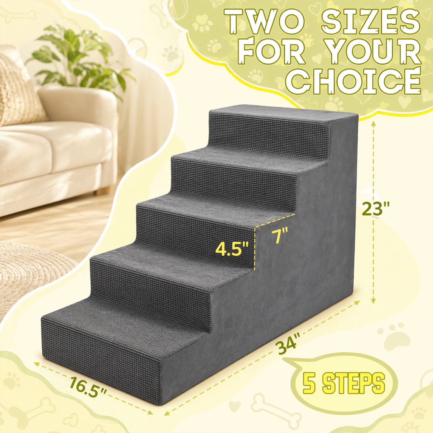 5-Step High-Density Foam Dog Stairs – Pet Steps with Supporting Board, Non-Slip Removable Washable Cover | For High Beds, Couches & Sofas | Gray