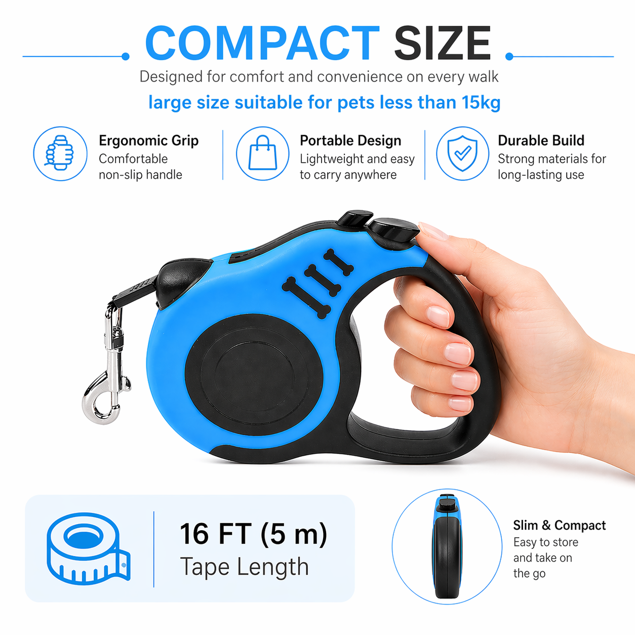 Automatic Retractable Dog Leash – 16ft / 5m Long Lead with One-Hand Brake & Lock | Nylon Rope, Ergonomic Grip | For Dogs up to 33 lbs | Blue