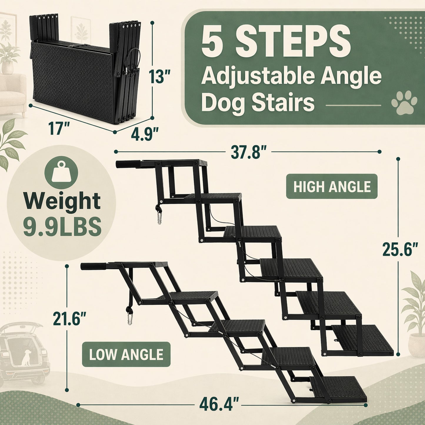 Foldable Dog Stairs for Car, Truck & Bed – 25.6" High 5-Step Lightweight Pet Ramp | Supports 350 lbs | Non-Slip Slip-Resistant Surface | Portable Travel Stairs