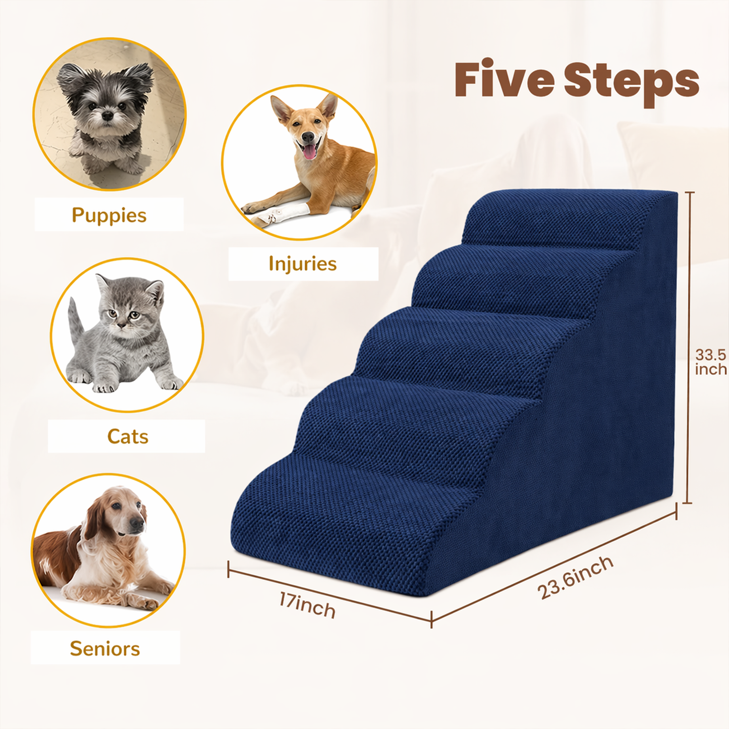 Extra Wide Foam Dog Stairs 5-Step – High-Density Foam Pet Steps with Non-Slip Bottom, Soft Cushioned Ramp for High Beds, Couches & Sofas | Ideal for Injured, Older Dogs & Cats | 6 Colors