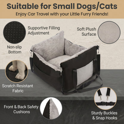 Small Dog Car Seat – Clip-On Safety Leash, Washable Cushion, Adjustable Straps | Soft Booster Travel Bed for Small Dogs & Cats up to 25 lbs | Bud Pink