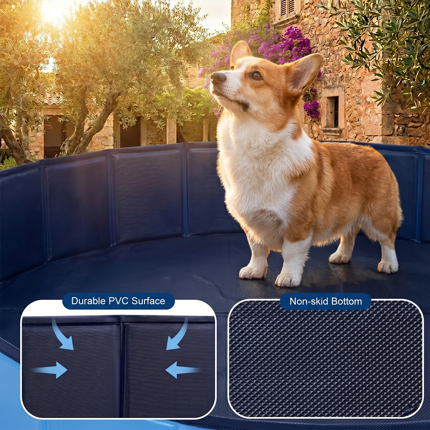 Foldable Dog Pool 48" × 12" – Hard PVC Pet Swimming Pool with Built-In Drainage | Lightweight Summer Cooldown Bath for Small & Medium Dogs | Deep Blue