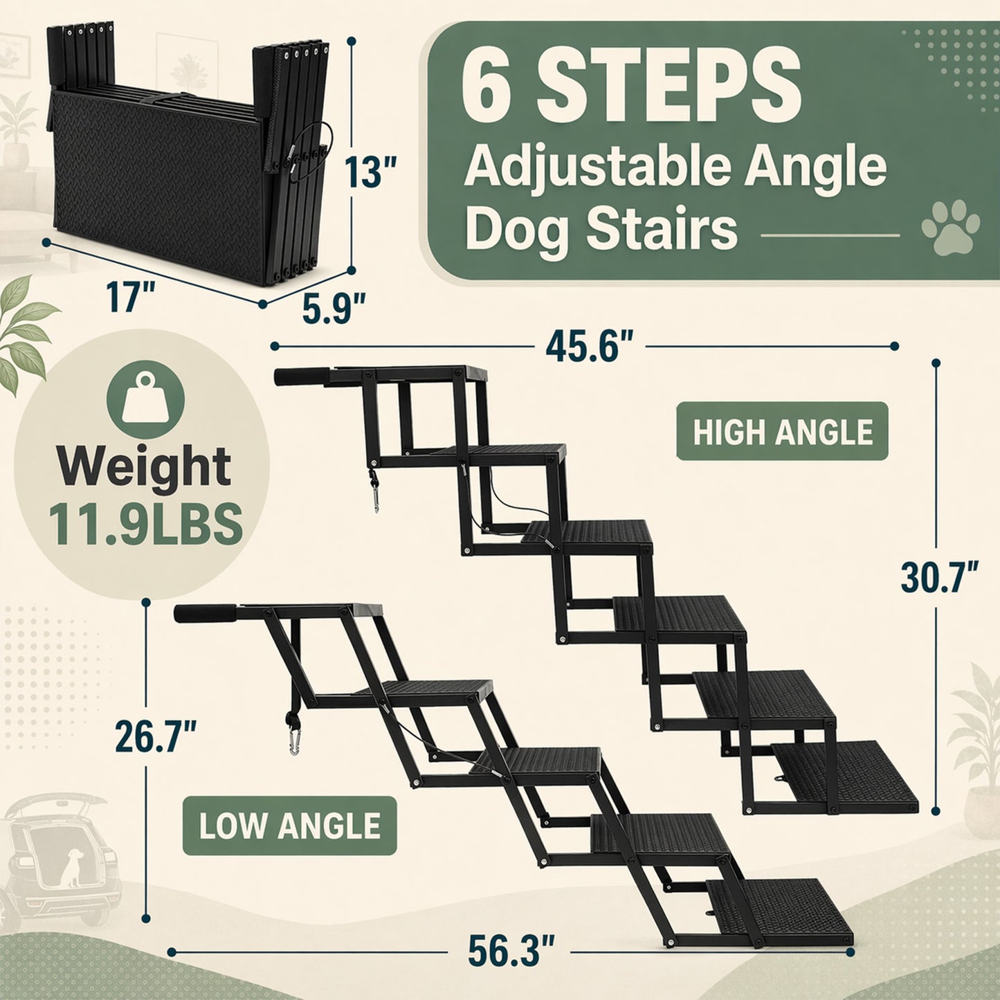 Foldable Dog Stairs for Car, Truck & Bed – 25.6" High 5-Step Lightweight Pet Ramp | Supports 350 lbs | Non-Slip Slip-Resistant Surface | Portable Travel Stairs