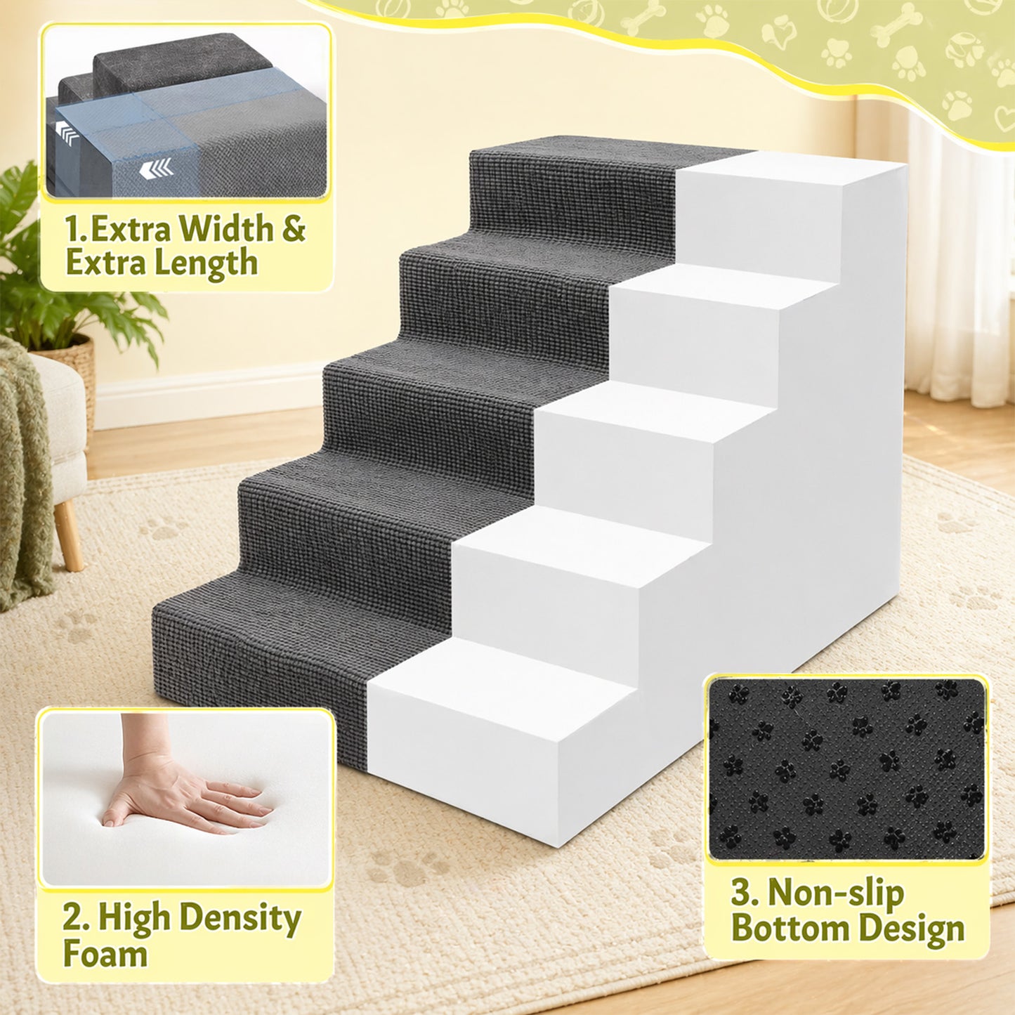 5-Step High-Density Foam Dog Stairs – Pet Steps with Supporting Board, Non-Slip Removable Washable Cover | For High Beds, Couches & Sofas | Gray