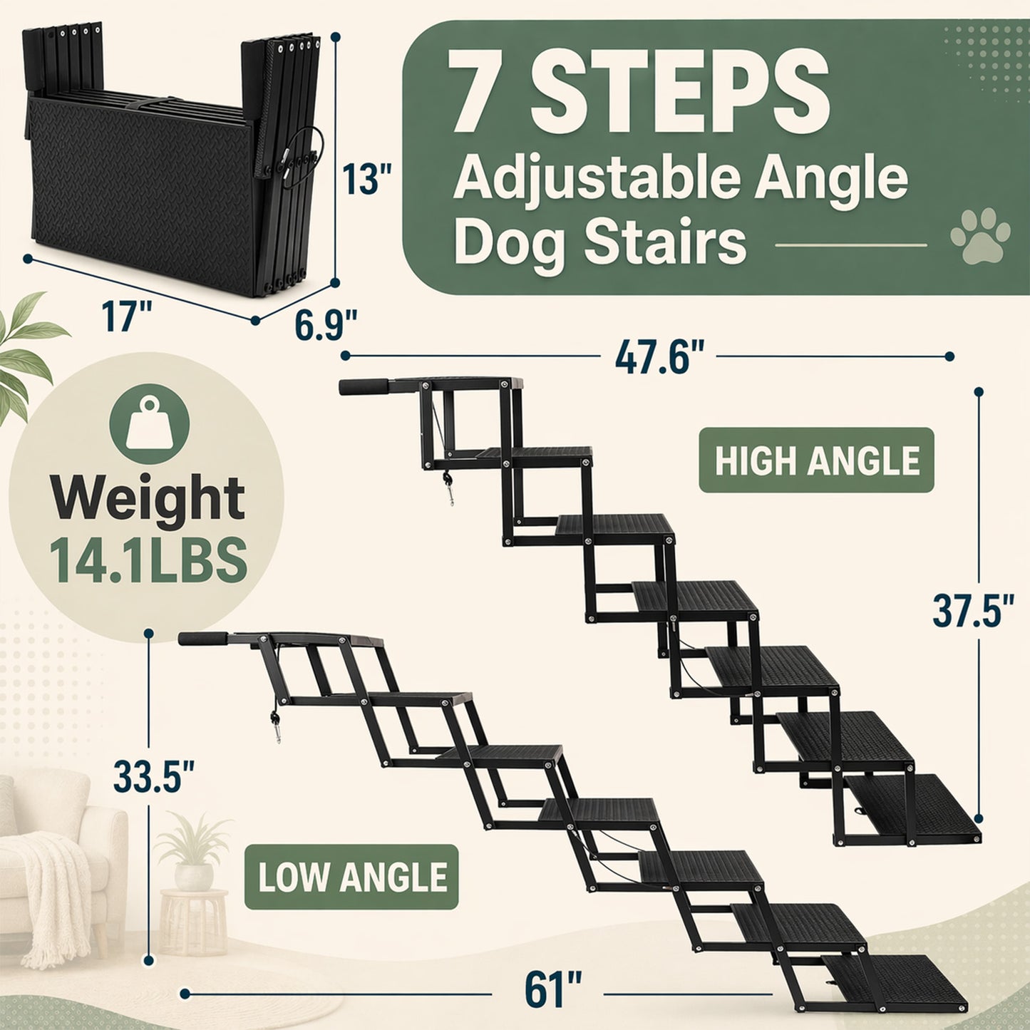 Foldable Dog Stairs for Car, Truck & Bed – 25.6" High 5-Step Lightweight Pet Ramp | Supports 350 lbs | Non-Slip Slip-Resistant Surface | Portable Travel Stairs