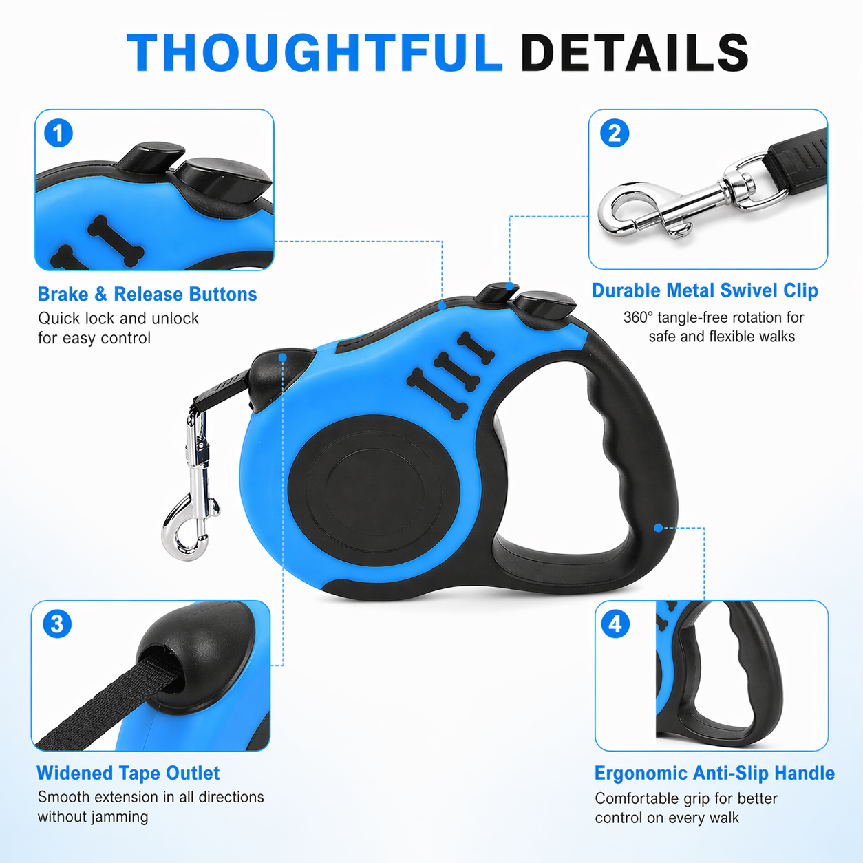 Automatic Retractable Dog Leash – 16ft / 5m Long Lead with One-Hand Brake & Lock | Nylon Rope, Ergonomic Grip | For Dogs up to 33 lbs | Blue