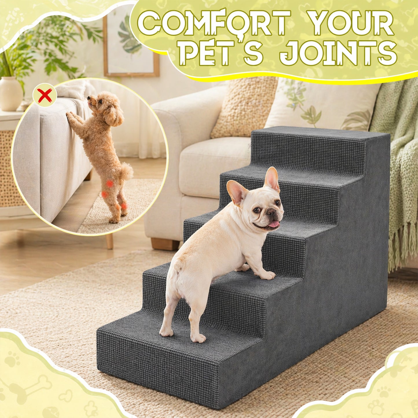5-Step High-Density Foam Dog Stairs – Pet Steps with Supporting Board, Non-Slip Removable Washable Cover | For High Beds, Couches & Sofas | Gray