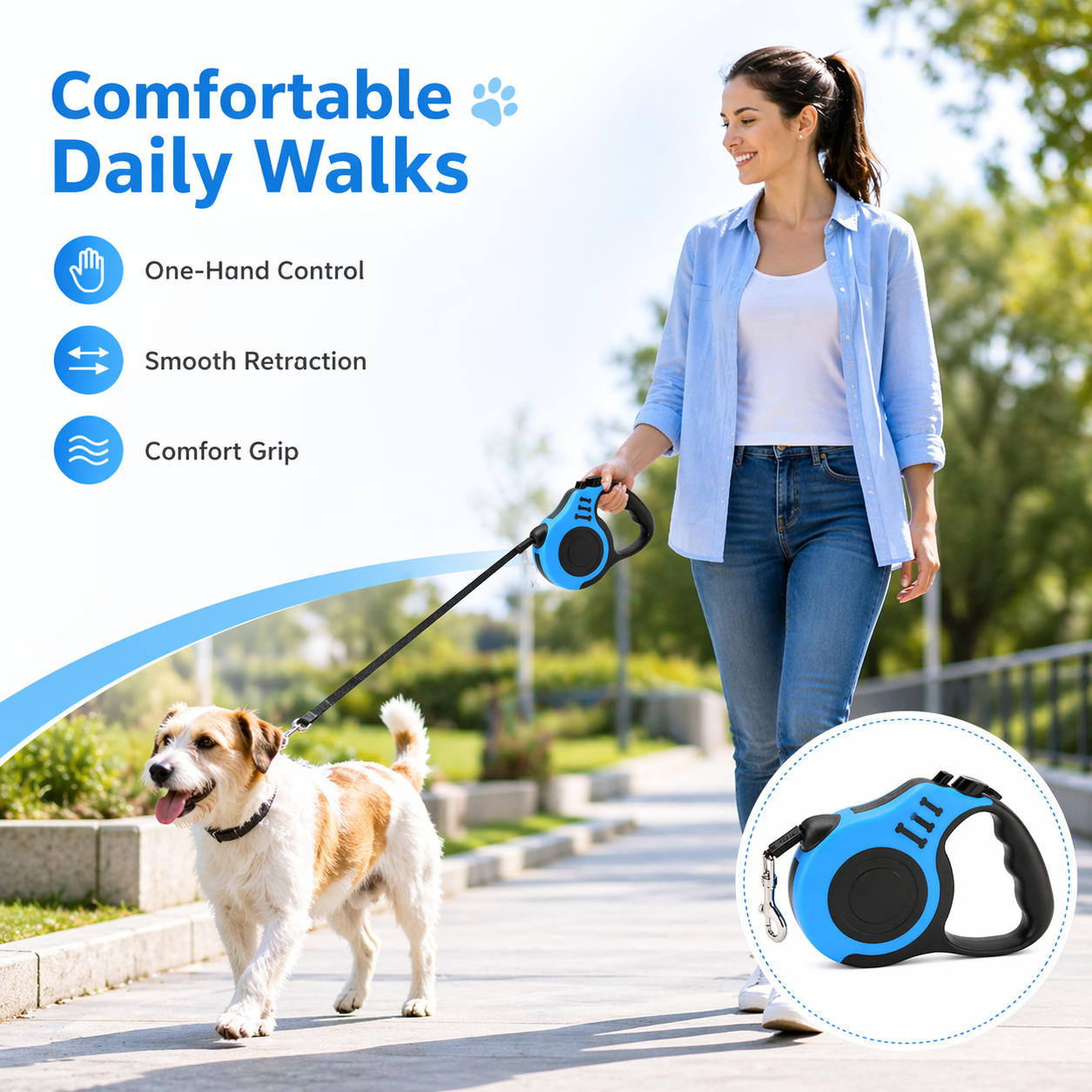 Automatic Retractable Dog Leash – 16ft / 5m Long Lead with One-Hand Brake & Lock | Nylon Rope, Ergonomic Grip | For Dogs up to 33 lbs | Blue
