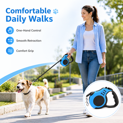 Automatic Retractable Dog Leash – 16ft / 5m Long Lead with One-Hand Brake & Lock | Nylon Rope, Ergonomic Grip | For Dogs up to 33 lbs | Blue