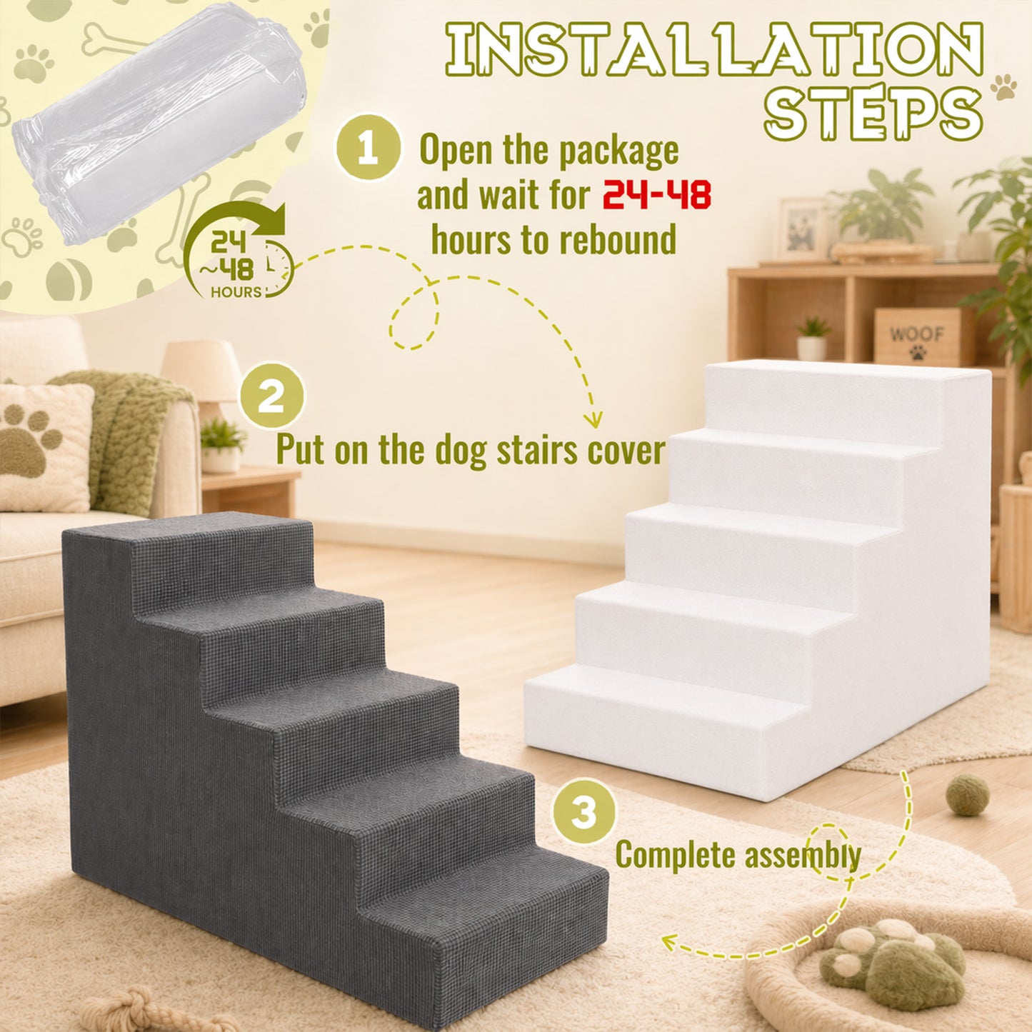 5-Step High-Density Foam Dog Stairs – Pet Steps with Supporting Board, Non-Slip Removable Washable Cover | For High Beds, Couches & Sofas | Gray
