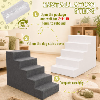 5-Step High-Density Foam Dog Stairs – Pet Steps with Supporting Board, Non-Slip Removable Washable Cover | For High Beds, Couches & Sofas | Gray
