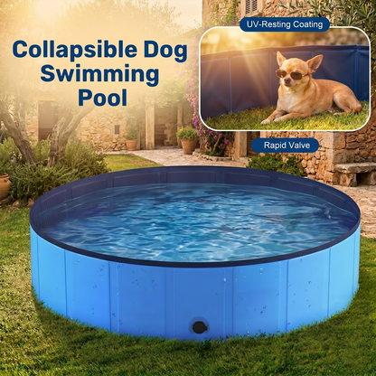 Foldable Dog Pool 48" × 12" – Hard PVC Pet Swimming Pool with Built-In Drainage | Lightweight Summer Cooldown Bath for Small & Medium Dogs | Deep Blue