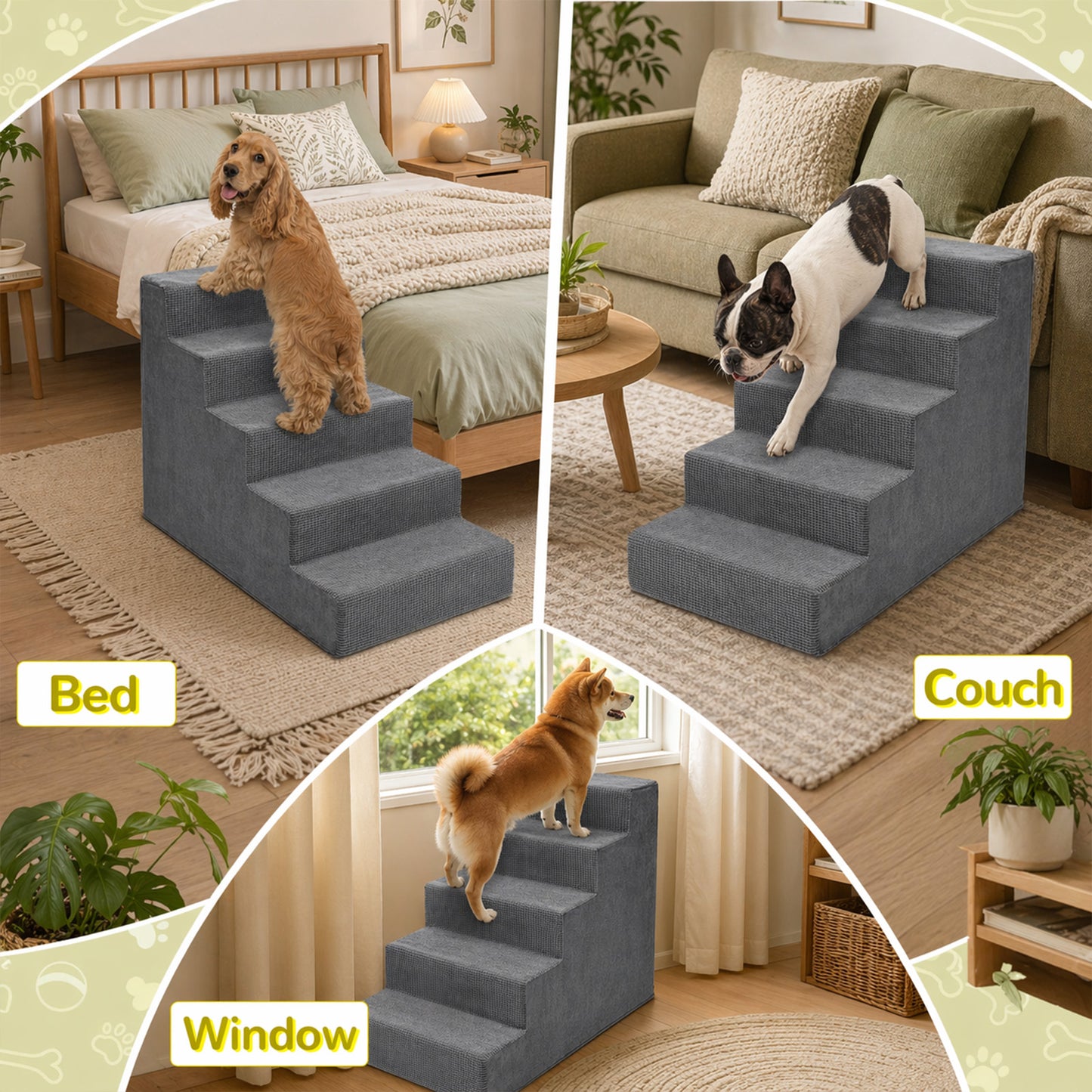5-Step High-Density Foam Dog Stairs – Pet Steps with Supporting Board, Non-Slip Removable Washable Cover | For High Beds, Couches & Sofas | Gray