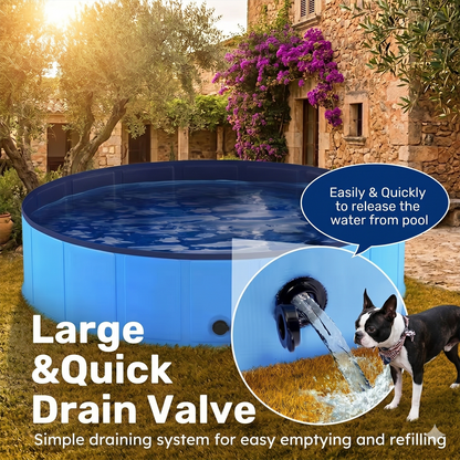 Foldable Dog Pool 48" × 12" – Hard PVC Pet Swimming Pool with Built-In Drainage | Lightweight Summer Cooldown Bath for Small & Medium Dogs | Deep Blue