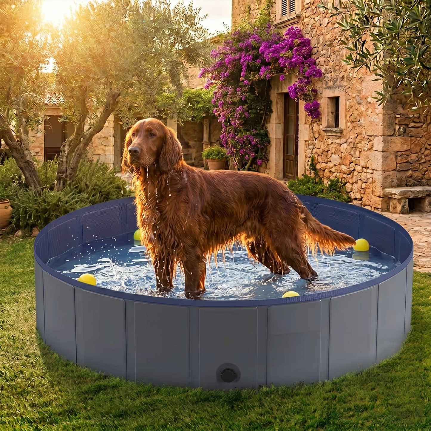 Foldable Dog Pool 48" × 12" – Hard PVC Pet Swimming Pool with Built-In Drainage | Lightweight Summer Cooldown Bath for Small & Medium Dogs | Deep Blue
