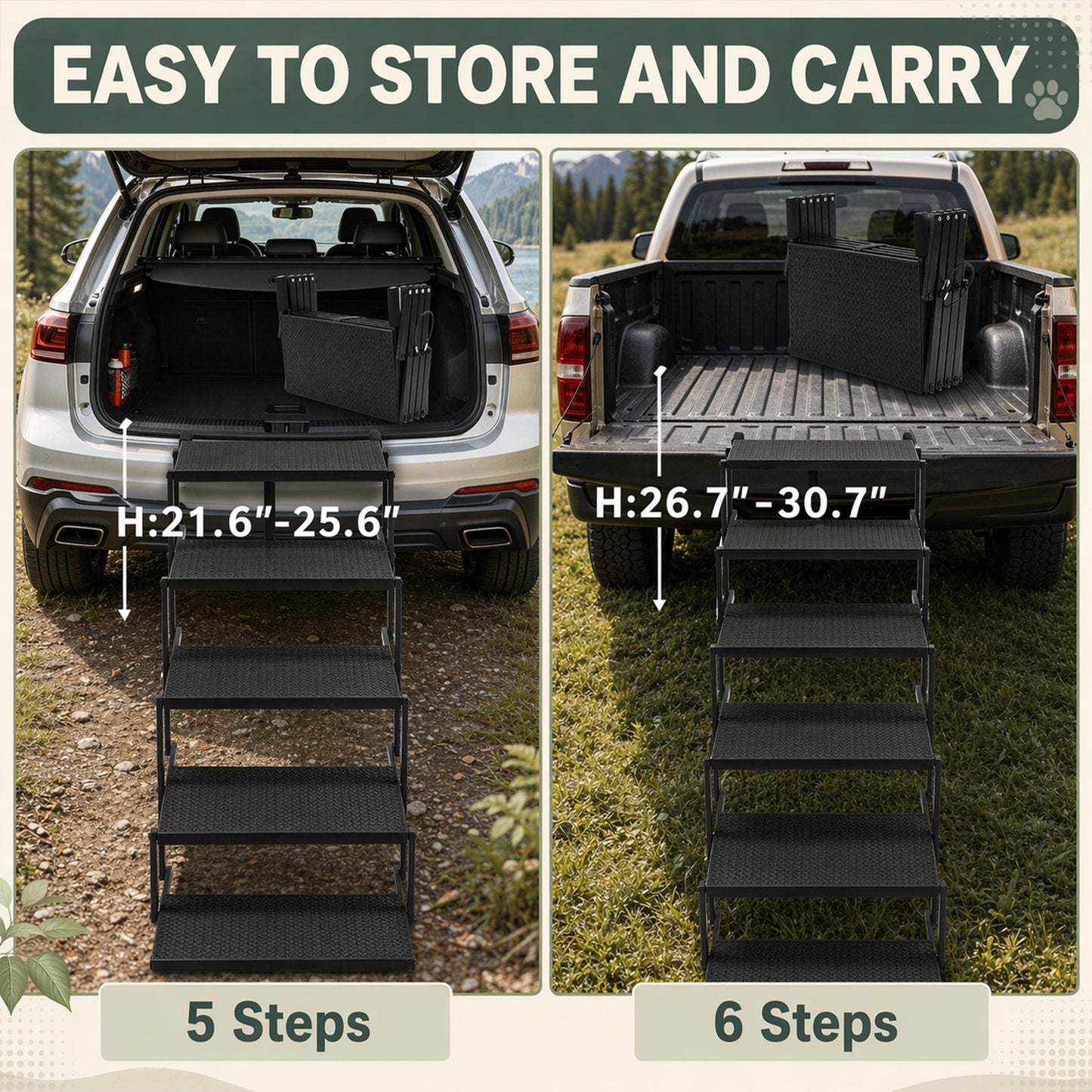 Foldable Dog Stairs for Car, Truck & Bed – 25.6" High 5-Step Lightweight Pet Ramp | Supports 350 lbs | Non-Slip Slip-Resistant Surface | Portable Travel Stairs