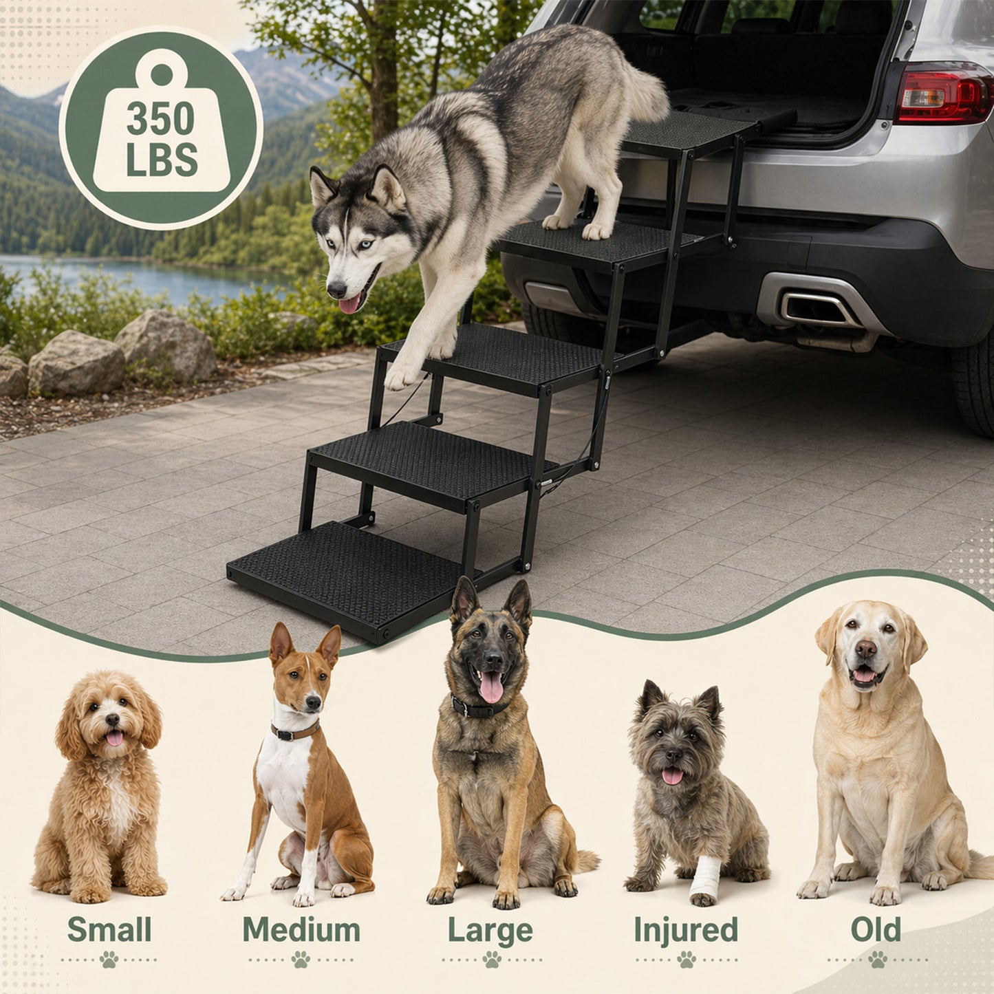 Foldable Dog Stairs for Car, Truck & Bed – 25.6" High 5-Step Lightweight Pet Ramp | Supports 350 lbs | Non-Slip Slip-Resistant Surface | Portable Travel Stairs