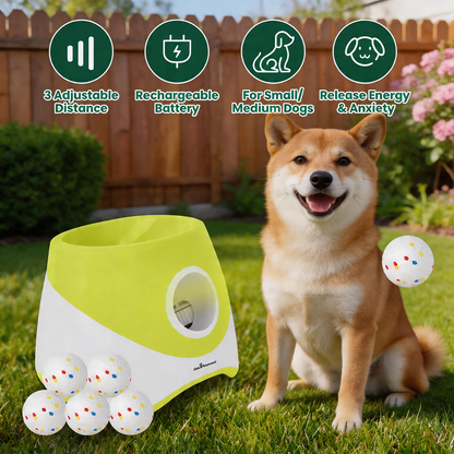 Automatic Dog Ball Launcher – Rechargeable Interactive Fetch Machine with 3 Distance Settings (20/33/46 ft) & 6 ETPU Balls | Indoor & Outdoor Play for Small to Medium Dogs