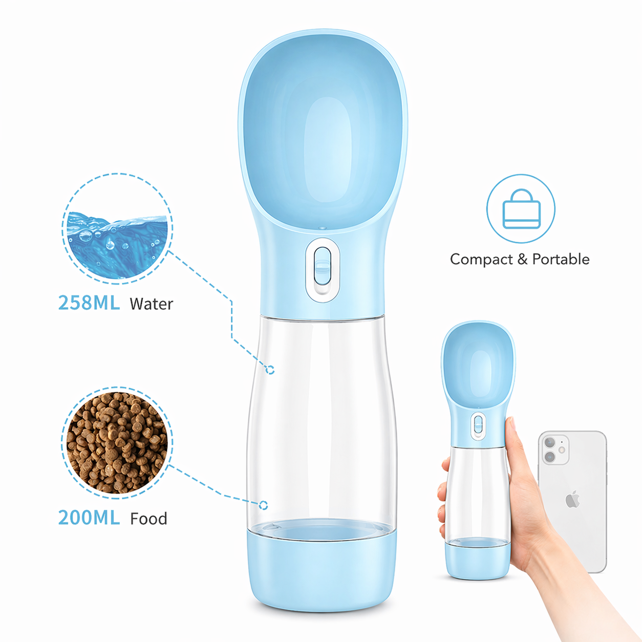 2-in-1 Portable Dog Water & Food Dispenser – Leak-Proof Push-Button Release, FDA Food-Grade ABS | 258 ml Water + 200 ml Food | Ideal for Walks, Hiking & Road Trips