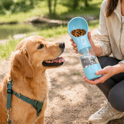 2-in-1 Portable Dog Water & Food Dispenser – Leak-Proof Push-Button Release, FDA Food-Grade ABS | 258 ml Water + 200 ml Food | Ideal for Walks, Hiking & Road Trips