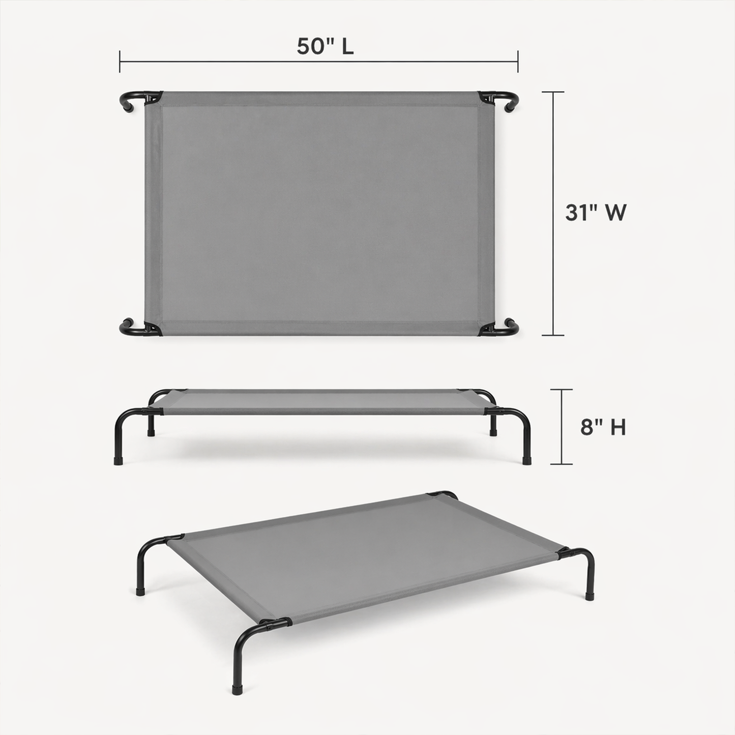 Elevated Dog Bed, Raised Pet Cot with Breathable Textilene Mesh & Powder-Coated Steel Frame, 50"x31"x8", Cooling & Non-Slip Outdoor/Indoor Bed for Large Dogs up to 80 lbs, Light Gray