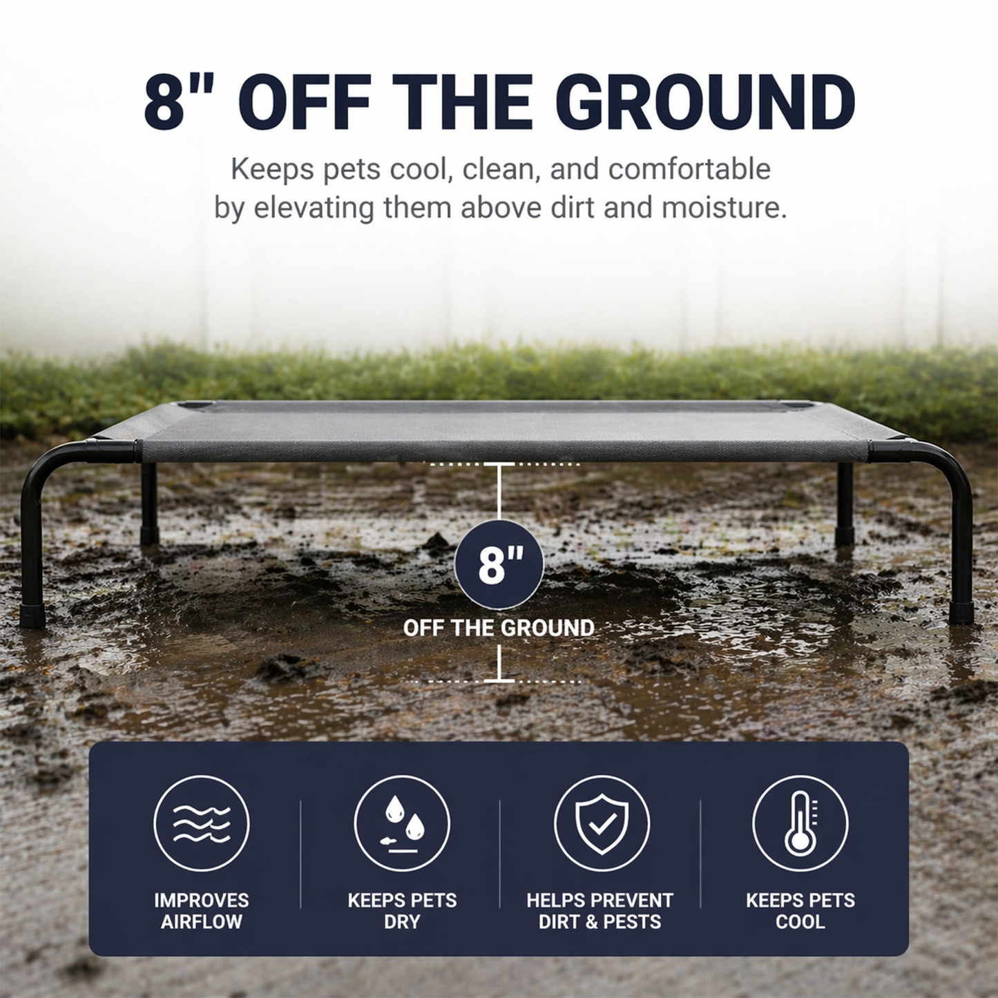 Elevated Dog Bed, Raised Pet Cot with Breathable Textilene Mesh & Powder-Coated Steel Frame, 50"x31"x8", Cooling & Non-Slip Outdoor/Indoor Bed for Large Dogs up to 80 lbs, Light Gray
