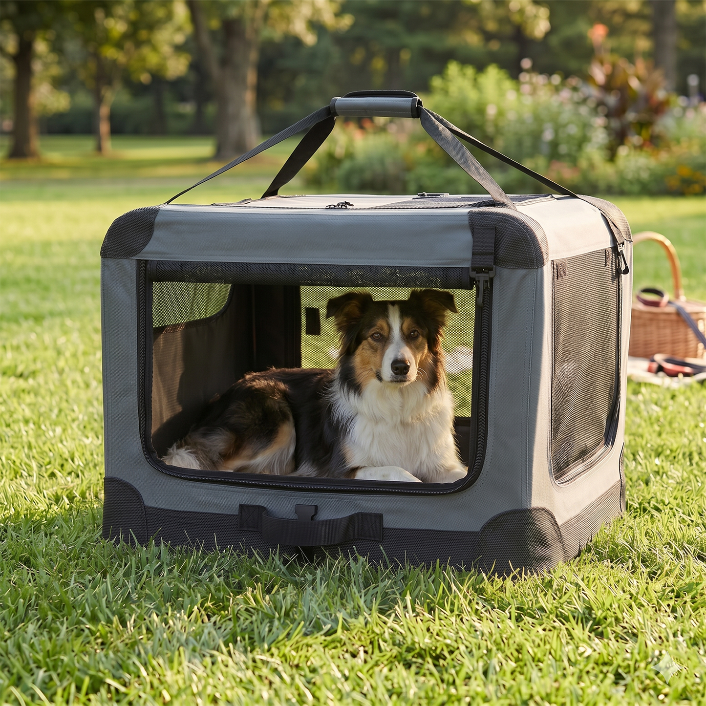 Foldable Portable Dog Travel Crate 30" – Three-Door Mesh Windows, Reinforced Stability Frame | Lightweight Fabric Cage for Car, Camping & Vet Visits | Gray