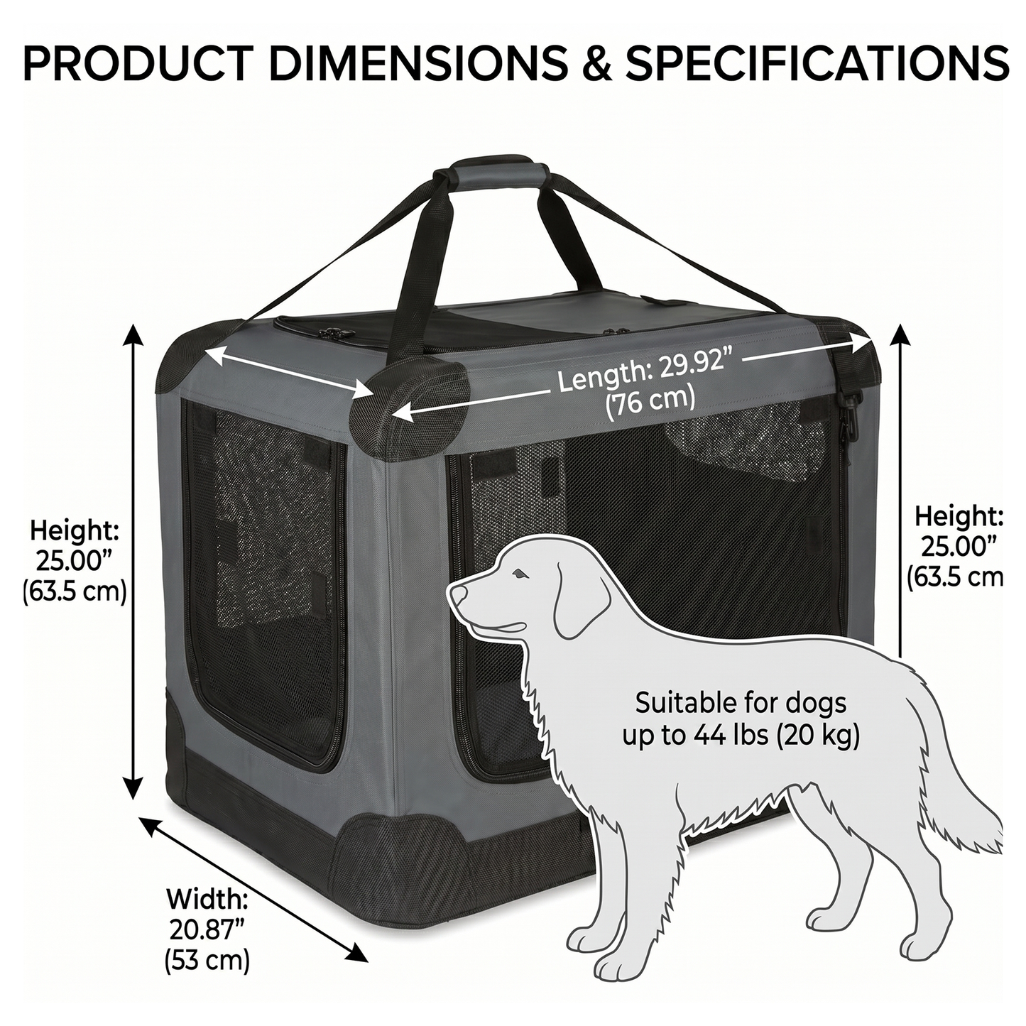 Foldable Portable Dog Travel Crate 30" – Three-Door Mesh Windows, Reinforced Stability Frame | Lightweight Fabric Cage for Car, Camping & Vet Visits | Gray