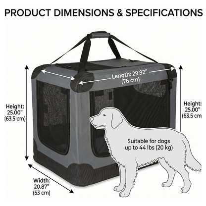 Foldable Portable Dog Travel Crate 30" – Three-Door Mesh Windows, Reinforced Stability Frame | Lightweight Fabric Cage for Car, Camping & Vet Visits | Gray