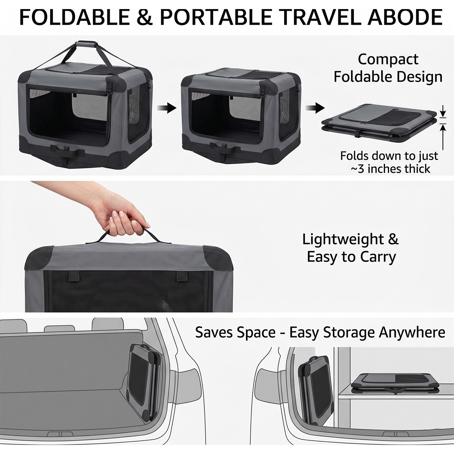 Foldable Portable Dog Travel Crate 30" – Three-Door Mesh Windows, Reinforced Stability Frame | Lightweight Fabric Cage for Car, Camping & Vet Visits | Gray