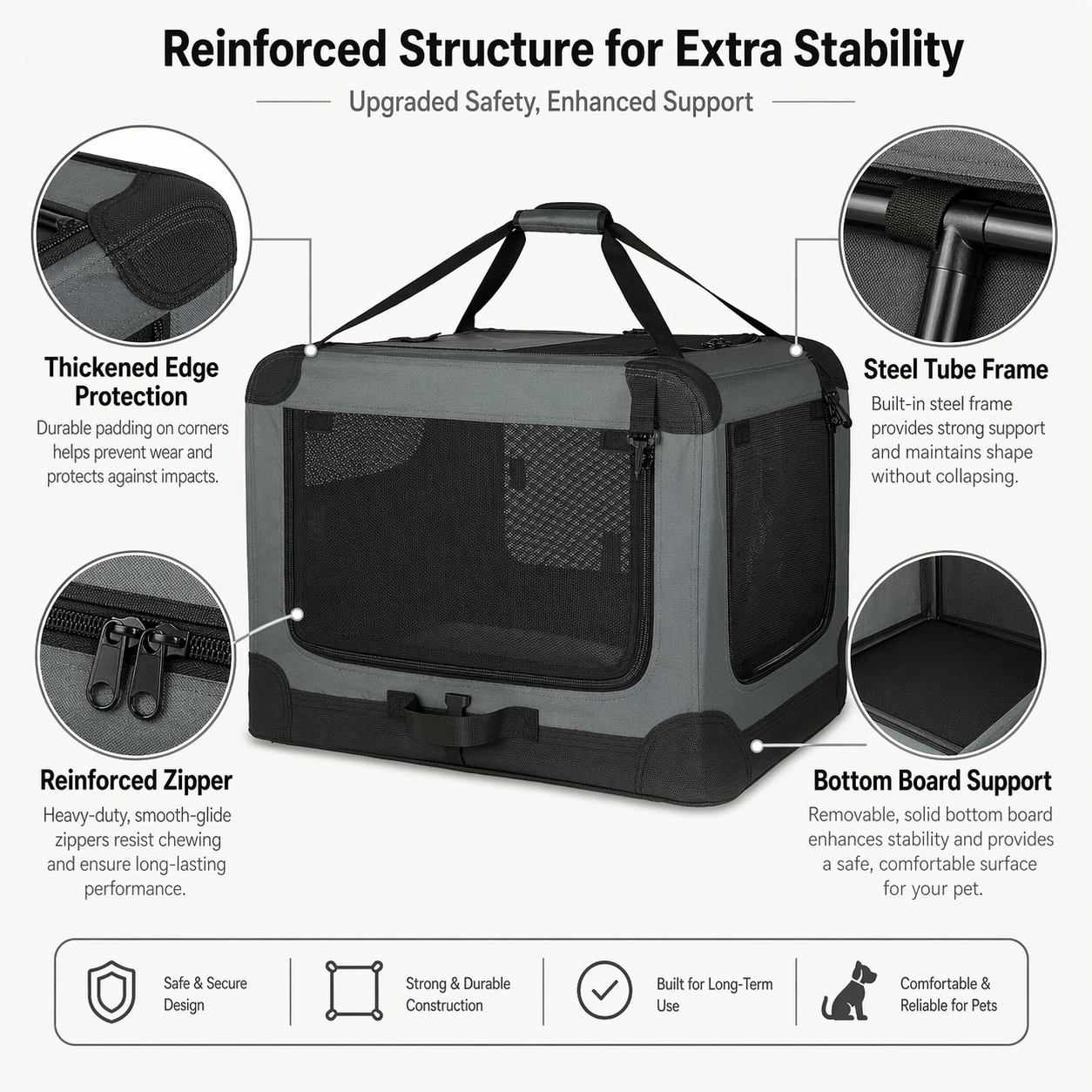 Foldable Portable Dog Travel Crate 30" – Three-Door Mesh Windows, Reinforced Stability Frame | Lightweight Fabric Cage for Car, Camping & Vet Visits | Gray