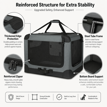 Foldable Portable Dog Travel Crate 30" – Three-Door Mesh Windows, Reinforced Stability Frame | Lightweight Fabric Cage for Car, Camping & Vet Visits | Gray