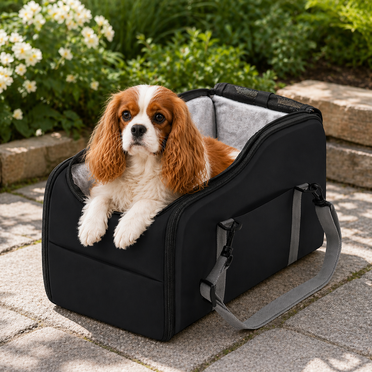 Center Console Dog Car Seat – Double Safety Tethers, Washable Cushion & Storage Pocket | Elevated Booster for Small Dogs up to 25 lbs | Pink