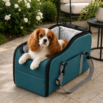 Center Console Dog Car Seat – Double Safety Tethers, Washable Cushion & Storage Pocket | Elevated Booster for Small Dogs up to 25 lbs | Pink