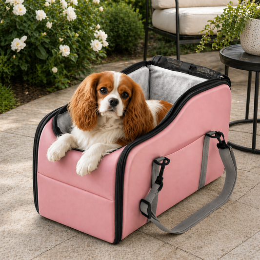 Center Console Dog Car Seat – Double Safety Tethers, Washable Cushion & Storage Pocket | Elevated Booster for Small Dogs up to 25 lbs | Pink
