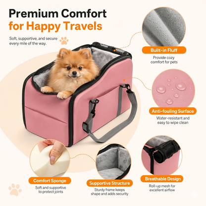 Center Console Dog Car Seat – Double Safety Tethers, Washable Cushion & Storage Pocket | Elevated Booster for Small Dogs up to 25 lbs | Pink