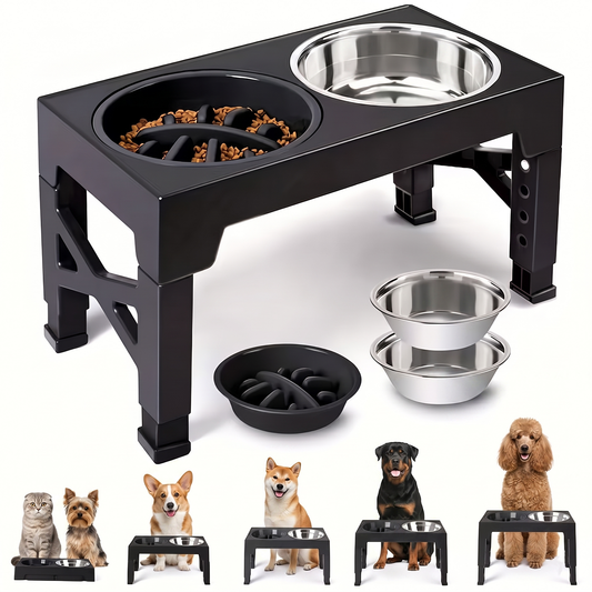 Elevated Dog Bowl Stand with Slow Feeder – 5 Adjustable Heights (3.2"–12.2"), 2 Stainless Steel Bowls + 1 Slow Feeder | Anti-Bloat Raised Feeder for Small Medium Large Dogs | Black