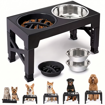 Elevated Dog Bowl Stand with Slow Feeder – 5 Adjustable Heights (3.2"–12.2"), 2 Stainless Steel Bowls + 1 Slow Feeder | Anti-Bloat Raised Feeder for Small Medium Large Dogs | Black