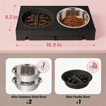 Elevated Dog Bowl Stand with Slow Feeder – 5 Adjustable Heights (3.2"–12.2"), 2 Stainless Steel Bowls + 1 Slow Feeder | Anti-Bloat Raised Feeder for Small Medium Large Dogs | Black